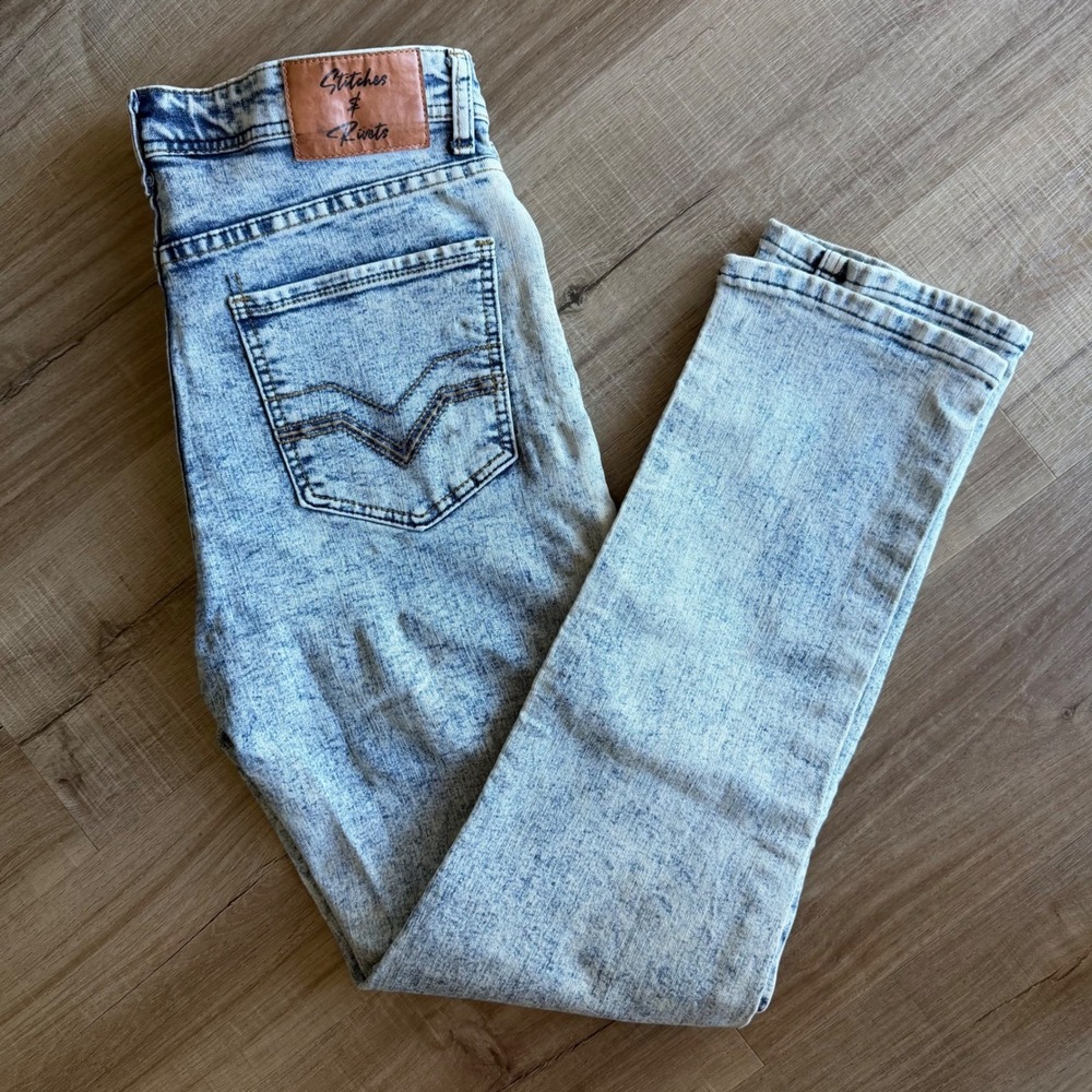 Stitches & Rivets Mens Acid Wash Slim Straight Jeans Light Blue 34x32 Stretch